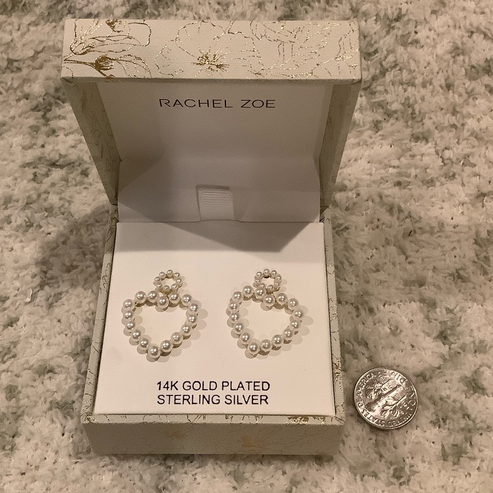 Rachel Zoe 14kt Gold Plated Sterling Silver Pearl Heart Earrings NWT Boxed - Picture 5 of 16